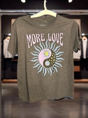 Mighty Fine Olive Green 'More Love' Graphic Tee with Pastel Sun & Moon